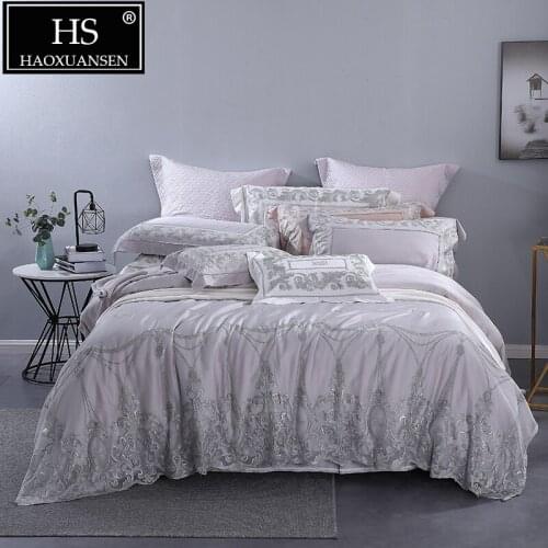 Grey 100% Tencel Lyocell Lace Princess 4 Piece Bedding Sets 800 Thread Count Wedding Bed Sheet Set For Adult Bed Queen King Size