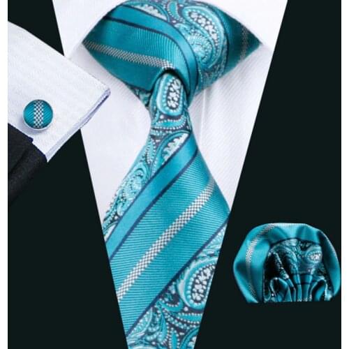 LS-455 Men`s Tie 100% Silk Blue Paisley Jacquard Woven Classic Tie + Hanky + Cufflinks Sets For Formal Wedding Business Party