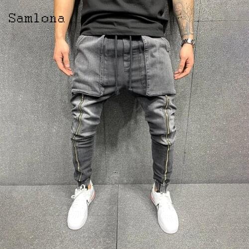 Samlona Plus size Men Jeans Denim Pants Slim Bottoms 2021 Summer Pant Male Patchwork Denim Jeans Pencil Trousers Mens clothing