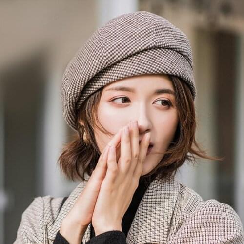 New Houndstooth Beret Autumn and Winter Beret Hat Female Korean Retro British Japanese Fashion All-match Painter Hat Female