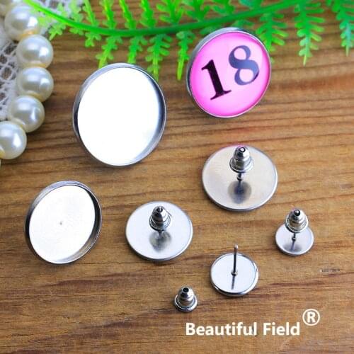 Stainless Steel Fit 8mm 10mm 12mm 14mm 16mm 18mm 20mm Earring Base Cabochon Ear Setting Plated Round Cameo Blank Tray Plug