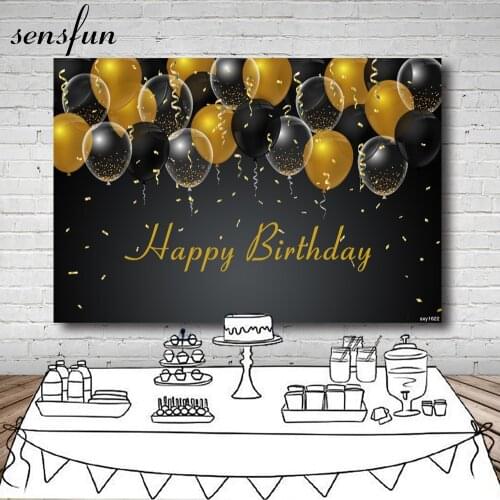 Sensfun Happy Birthday Party Backdrop Black Theme Gold Balloons Ribbons Photography Backgrounds Customized 7x5FT Vinyl