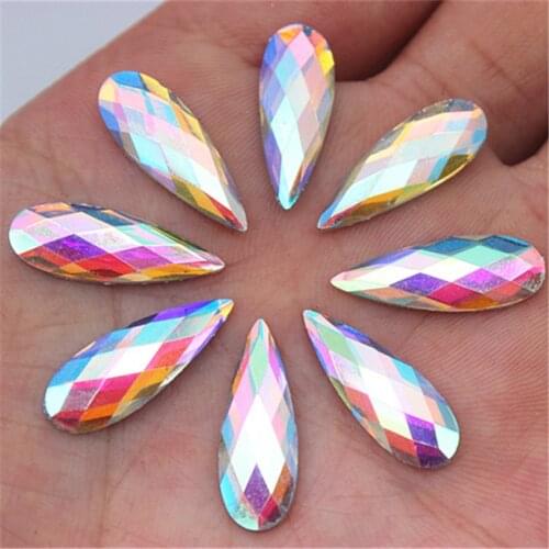 Cong Shao 100pc 8*21mm Glitter Crystal AB Drop Resin Rhinestone Applique Flatback Face Crystal Strass Stones for Crafts 8Y316