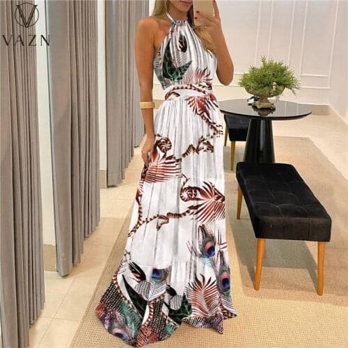 VAZN 2021 Hot Chiffon Holiday Long Dress Halter Off Shoulder Sexy Young Free Fashion High Waist Women A-Line Maxi Dress