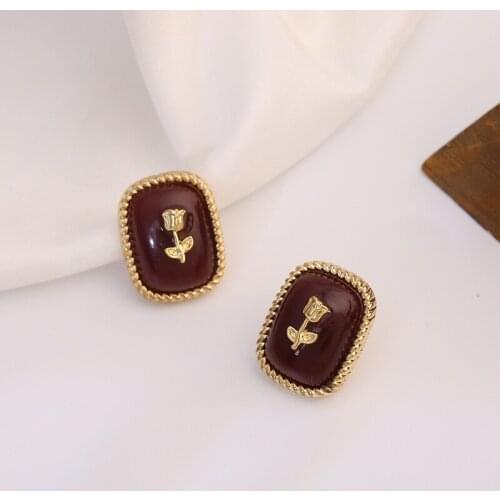 Vintage Wine Red Rose Flower Geometric Stud Earrings for Women Elegant Party Temperament Gifts Wedding Bridal Jewelry