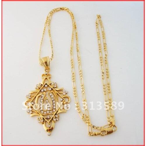 Min order 10 USA DOLLAR /YELLOW GOLD GP OVERLAY 24" FIGARO NECKLACE&MUSLIM ALLAH GOD PENDANT CZ/Great Money Maker