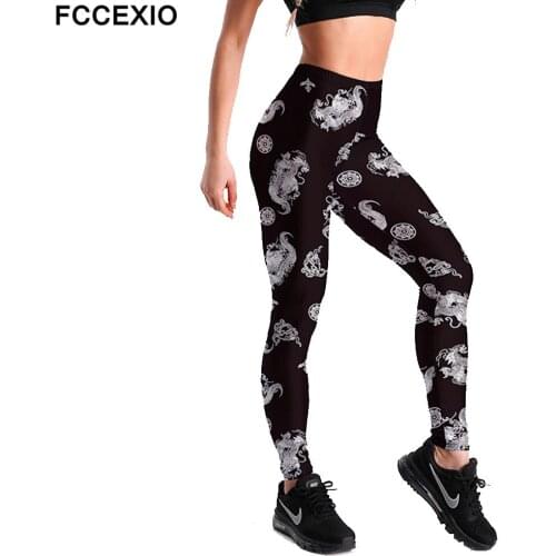 FCCEXIO Plus Size Women Legging Sexy New Sport Black Leggings White Retro Dragon Classic Print Leggins For Women Gym Pants