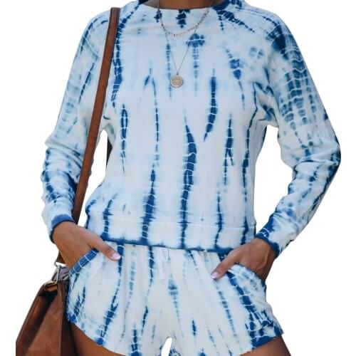 Women’s Sports Two Piece Sets Fashion Tie-dye Long Sleeve Pullover Top and High Waist Lace up Shorts 2020 New Hot