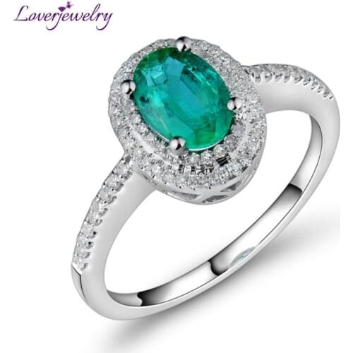 LOVERJEWELRY Women Engagement Ring Oval 5x7mm Solid 18kt White Gold Diamonds Emerald Ring Fine Jewelry for Wife Christmas Gift