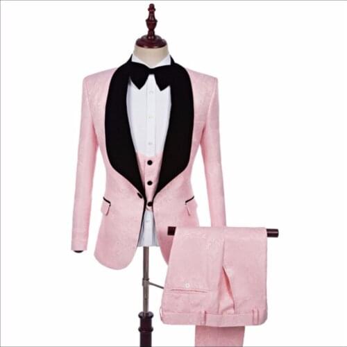2020 New Mens Wedding Groom Pink Jacquard Suits Three-piece Casual Slim Shawl Collar Formal Dress Singer Stage Costumes /s-5xl