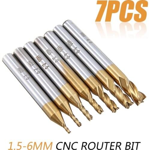 7pcs 1.5mm/2mm/2.5mm/3mm/4mm/5mm/6mm Wood End Mill Cutter Bits 4 Flutes CNC Router Bit Milling Cutter Tools