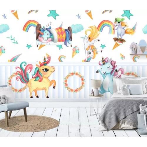 Bacal 3D Hand Painted Cartoon Rainbow Animal Kindergarten Kid Baby Room Bedroom Wardrobe Wallpaper Wall Mural Sticker Home Decor
