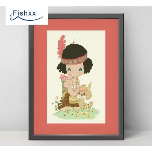 Fishxx Cross Stitch 14CT Kit European style childrens bedroom paintings H086 Indian boy with his dog DIY Embroidery