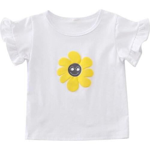 Summer Children T-shirt Kids Girls Flowers Printing Cute Smiling Ruffled Cuffs Face Comfortable Round Collar Short Sleeves