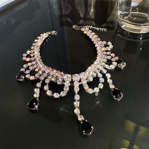 FYUAN Black Water Drop Crystal Choker Necklaces for Women Long Tassel Rhinestones Necklaces Statement Jewelry