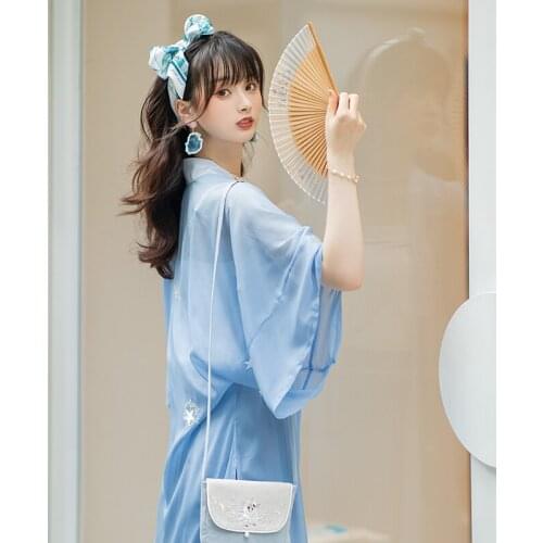 New Improved Hanfu Suit Chinese Style Female Classical Dance Clothing Tang Song Ming Dynasty Summer Clothes Blue Hanfu DQL5812