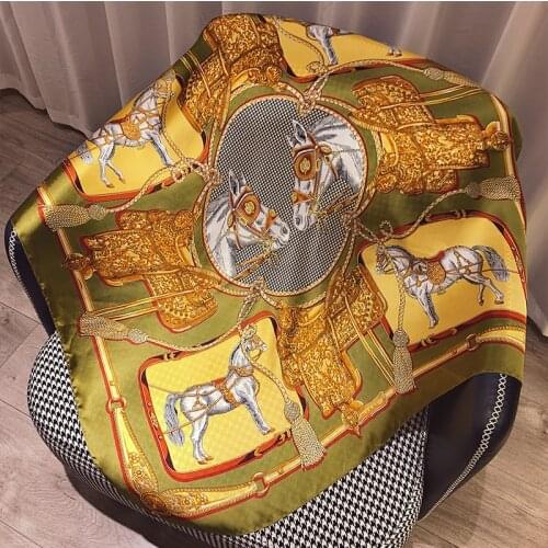 Summer Sunscreen High-Grade Satin Shawl Popular Kerchief Female Fine Carriage Print Silk Scarf Fashion 90X90CM Square Bandana