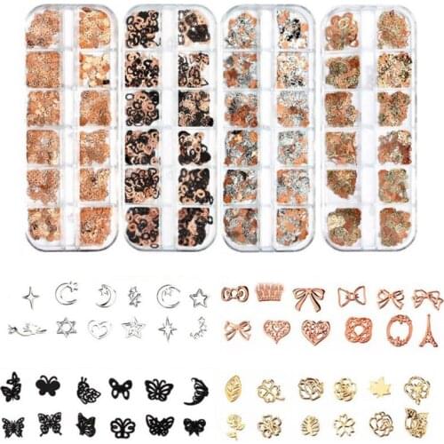 12 Grids Metal Nail Art Decoration Studs Mix Style Stars Moon Rose Gold /Silver /Black Strass Jewelry DIY 3D Charms Accessories