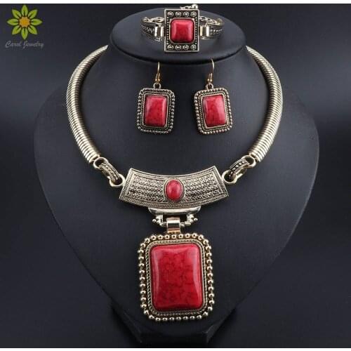 Fashion Turquoises Jewelry Set Retro Ethnic Necklace Set Crystal Rectangle Pendant Womens Elegant Necklace Set