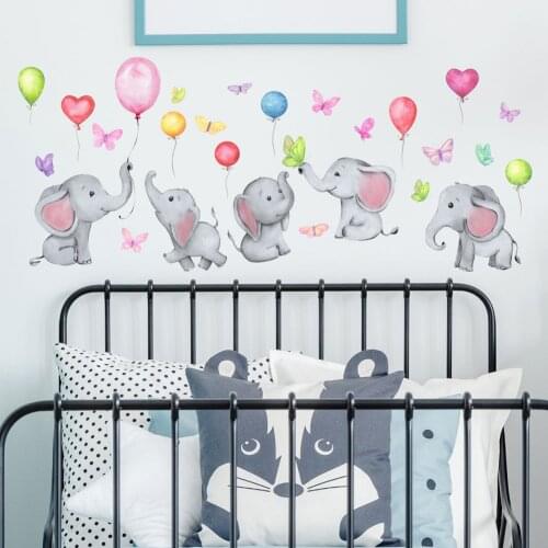 Cartoon 5 Elephants Balloons Wall Sticker for Baby Bedroom Living Room Wallpaper Cute Nursery Stickers Home Decoration