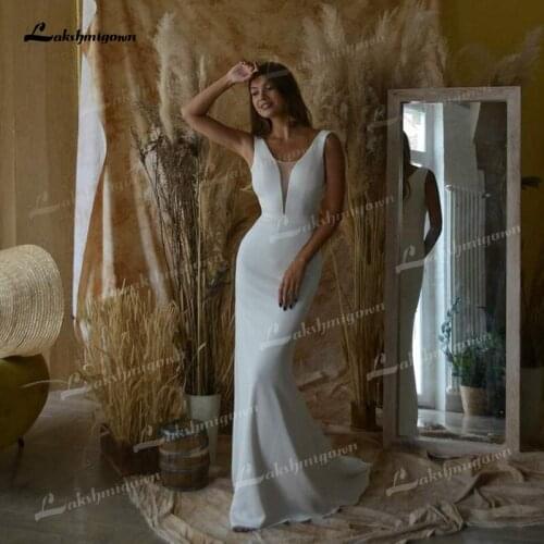 Simple Soft Satin Mermaid Wedding Dresses Illusion Deep V-Neck Sleeveless Corset Zipper Back Sweep/Brush Train Bride Gowns Pleat