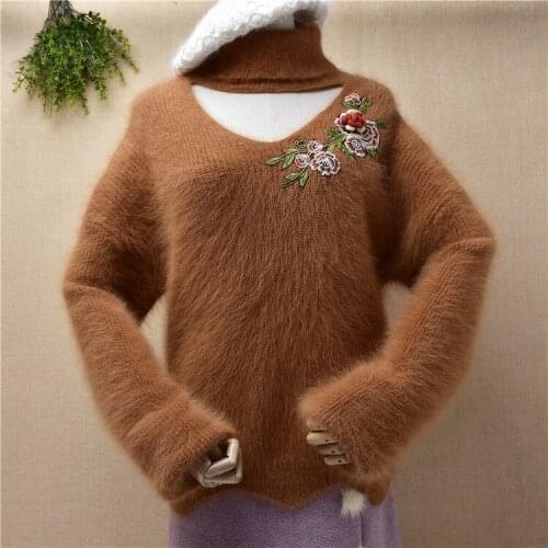 Ladies women vintage hairy embroidery mink cashmere knitted turtleneck loose pullover angora fur jumper winter sweater pull tops