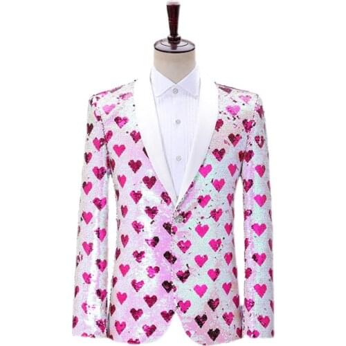Luxury mens full sequined heart pattern pink bling tuxedo jacket/stage performance jacket/stuido/club/event jacket