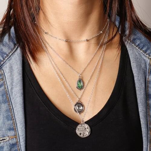 Silver Color Multilayer Chain Choker Necklaces for Women Vintage Crystal Coin Letter Pendant Necklaces Female Jewelry Gifts