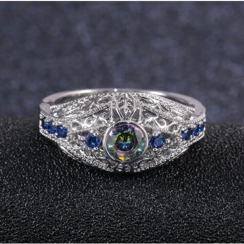 High Quality Silver Color Hollow Inlaid Blue Colorful Crystal Rhinestone Zircon Female Copper Ring for Women Jewelry Accessories