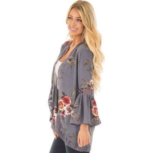 Autumn 2019 Boho Women Jacket Lace Flare Long Sleeve Slim Casual Open Stitch Tops Fashion Women Clothes Spring Shirt Coat Jacket