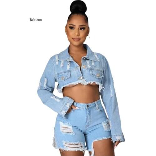 New Summer Women Jackets Ripped Full Sleeve Turn-Down Collar Single Breasted Crop Denim Jackets Back Chain Fashion Clothes