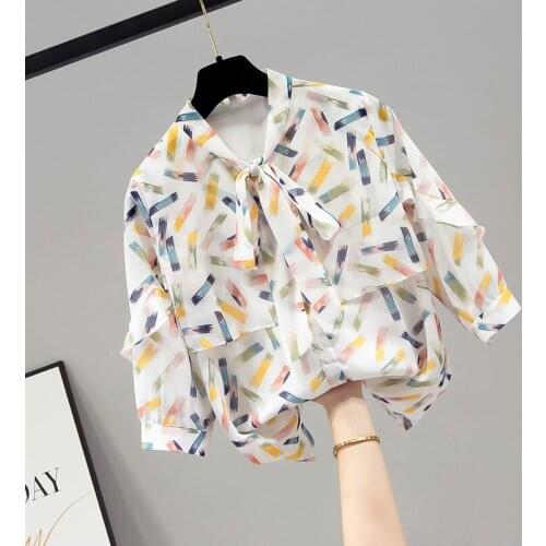 Chiffon Printed Women Shirts Summer New 2021 Bow Neck Short-Sleeved Elegant Office Lady Outwear Tops