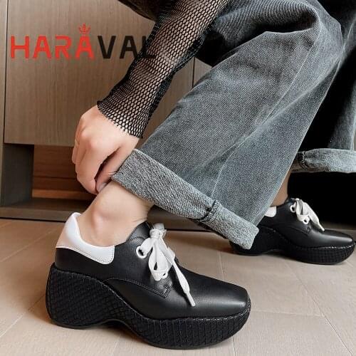 HARAVAL Women Sneakers Shoes Thick Bottom Lace Up White Black Genuine Leather Spring/Autumn Elegant Casual Shoes Women MixedA250