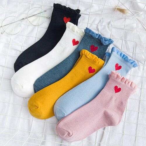 Womens Crew Socks Cute Frilly Red Little Heart Socks Womens Simple Cottom Dress Casual Socks Wholesale 1 Pair EU 35-43 Size