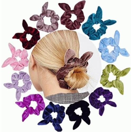 Women Winter Fashion Velvet Bunny Ears Hair Scrunchies Girl Elastic Bow Rubber Hair Rope Bowknot Hairbands Ponytail Headdress