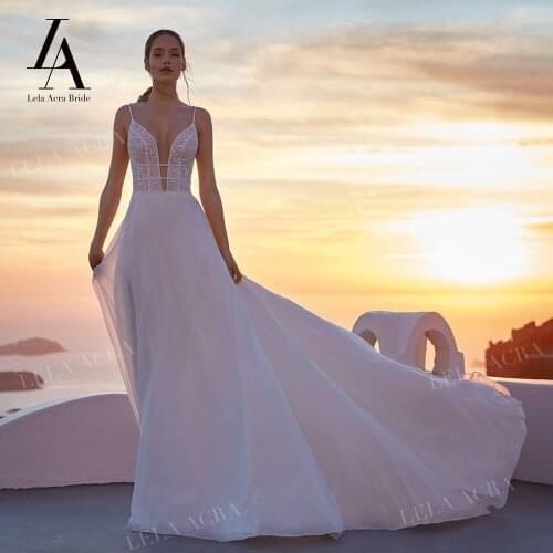 LelaAcra Spaghetti Straps Wedding Dress 2022 V-neck Beading A-Line Plus Size Beach Princess Bride Gowns NE14 Vestido de Noiva