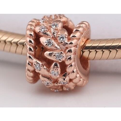 Authentic S925 Silver Bead Rose Intertwined Twisted Leaves With Crystal Charm fit Lady Bracelet Bangle DIY Jewelry
