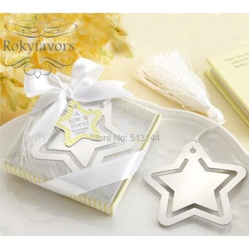FREE SHIPPING 100PCS "A Star is Born!" Star Metal Bookmark with White-Silk Tassel Baby Shower Kids Party Gifts Birthday Supplies