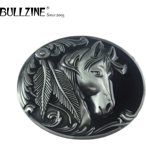 Bullzine hot sale western horse mens metal belt buckle with pewter finish FP-02209 suitable for 4cm width snap on belt