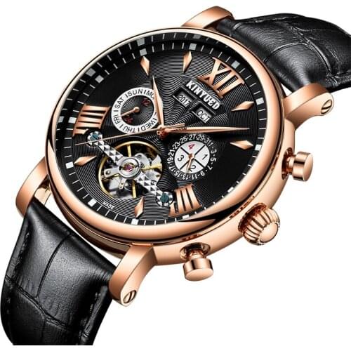 KINYUED Automatic Mechanical Watch Fashion Leather Waterproof Mens Watches Perpetual Calendar Reloj Hombre Gift Box Packaging