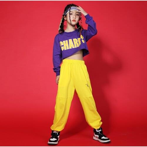 Children Purple Short Sleeved Yellow Hiphop Pants Jazz Dance Costumes Boys Ballroom Hip Hop Clothes Girls Stage Outfits DQS6983