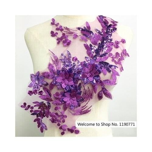 Purple / green / pink Sequins Embroidery Three-dimensional Flower Lace Skirt Chest Decoration Diy Cloth Stickers Accessories