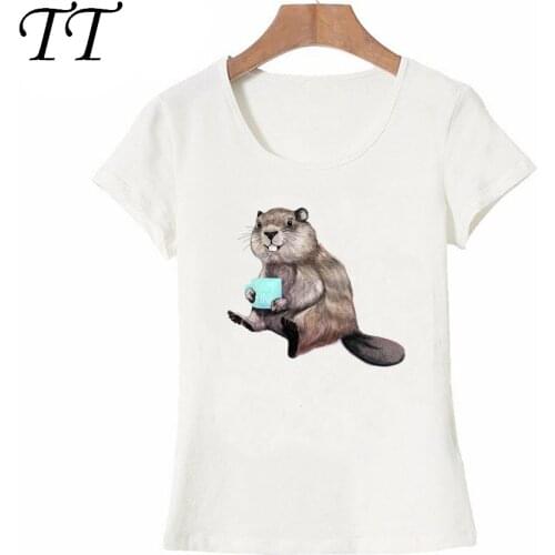 Beaver having his morning cup of coffee T-Shirt cute women t-shirt lovely animal print Tops summer funny female shirt girl Tees