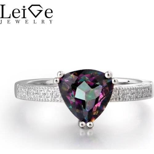 Leige Jewelry Rainbow Colorful Mystic Topaz Rings Trillion Shape Wedding Rings Romantic Gifts FOR Woman 925 Sterling Silver