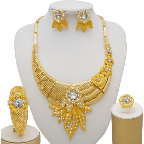 Dubai Gold Jewelry Sets For Women Crystal Necklace African Beads Ladies Jewellery Nigerian Bridal Wedding Costume Jewelry