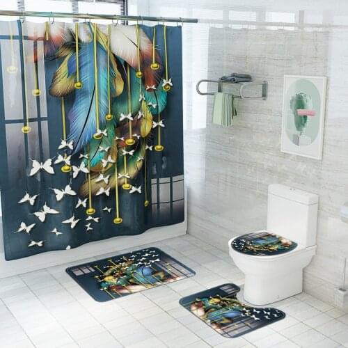 Washable Bathroom Bath Mats and Shower Curtain 4pcs Printed Toilet Mat Bathroom Rug Set Toilet Carpet Non Slip Bathtub Rugs