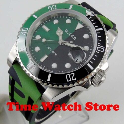 Bliger 40mm GMT Mens watch green dial luminous waterproof rubber strap sapphire glass date window Automatic mechanical