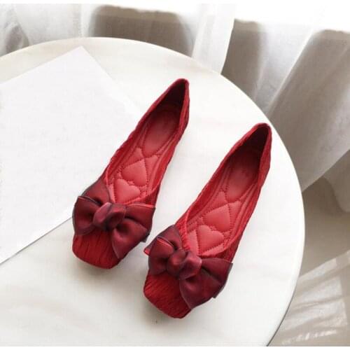 Autumn New Fashion Women Shoes Big Size 35-42 Soft Bottom Women Flats Red Butterfly Knot Shallow Square Toe Casual Lady Shoes