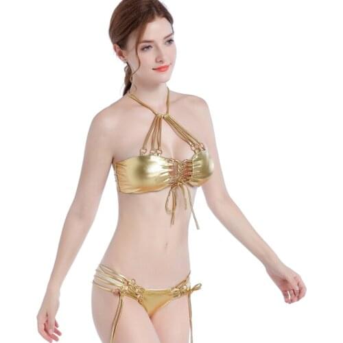 Wholesale Very Hot Shining Golden Bikini Swimsuit Cobweb Sexy Wild Female Micro Crochet Women Bandage Biquini DK64