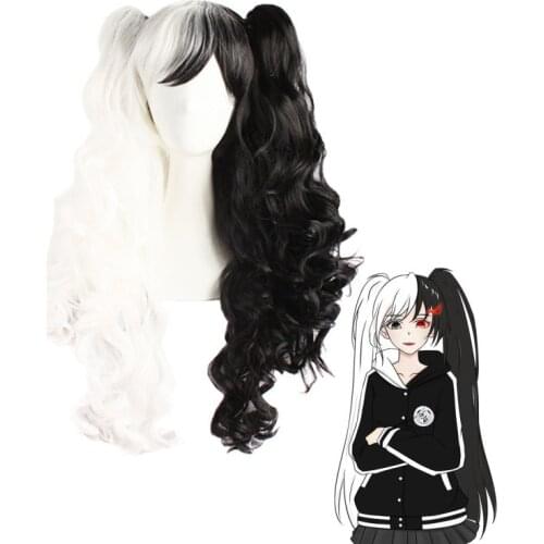 Dangan Ronpa Monokuma Long Ponytails Curly Wig Cosplay Danganronpa Heat Resistant Hair Cosplay Wig + Wig Cap